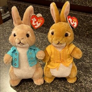 Ty Beanie Babies Bunny Plush Set - Blue Cottontail and yellow Mopsy